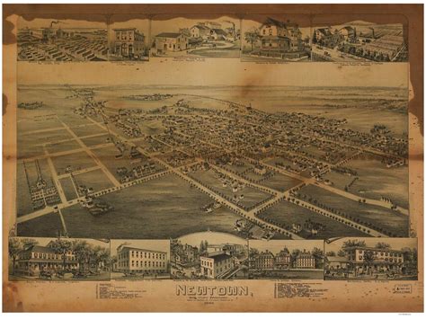 Newtown Pennsylvania 1893 Birds Eye View Old Map Reprint Old Maps