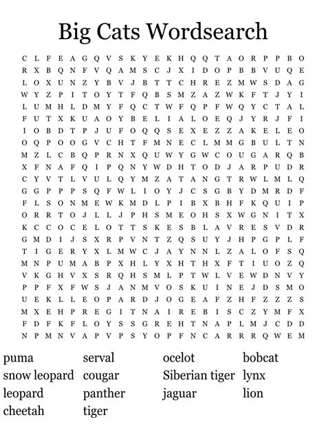 Big Cats Word Search Wordmint