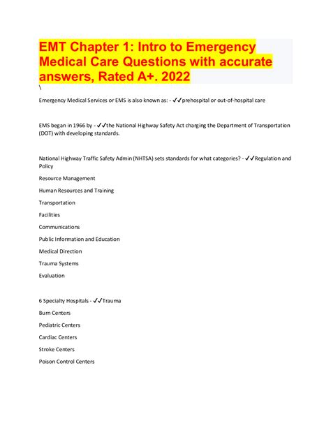 Emt Chapter 1 Intro To Emergency Medical Care Questions With Accurate Answers Rated A 2022