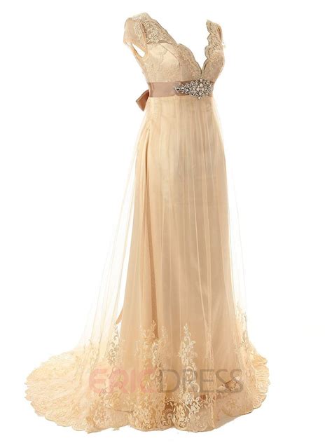 Chiffon empire waist plus size wedding dress david s bridal. Beading Appliques Cap Sleeves Beach Wedding Dress ...