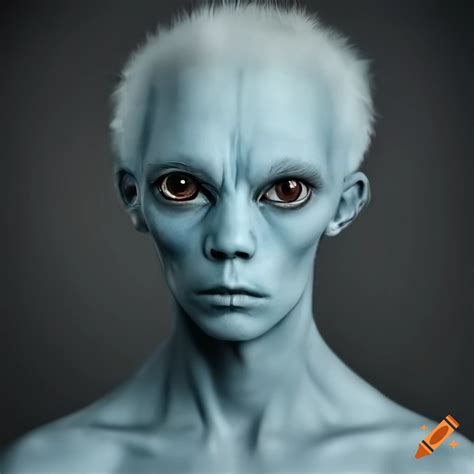 Realistic Photo Of A Humanoid Alien Man With Pale Blue Skin And Pointed