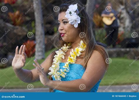 Aloha Festival Attractive Young Woman In Traditional Dress Performs