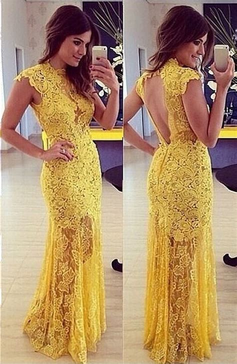 2015 New Fashion Women Summer Dress Yellow Lace Long Sexy Party Dresses