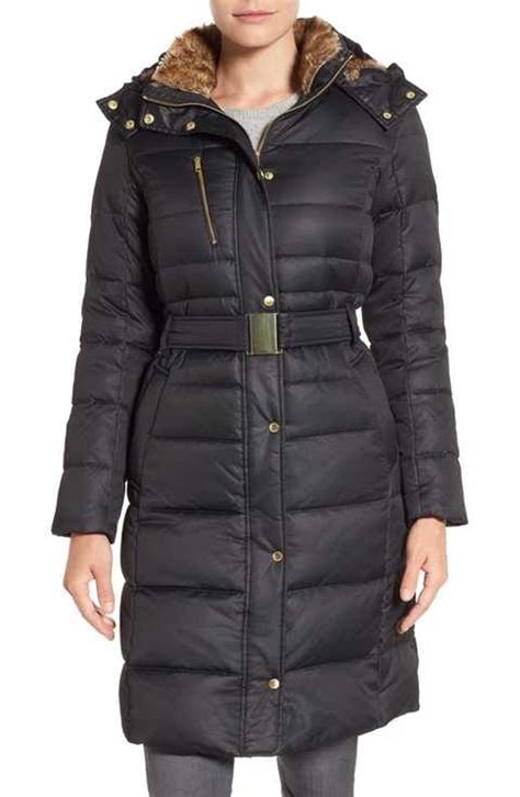 Cole Haan Signature Belted Down And Feather Fill Long Coat With Faux Fur