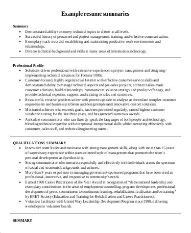 resume summary statement samples  ms word