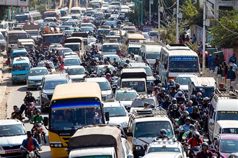 view of traffic jam on the day time in kathmandu nepal crowded traffic jam road in city stock