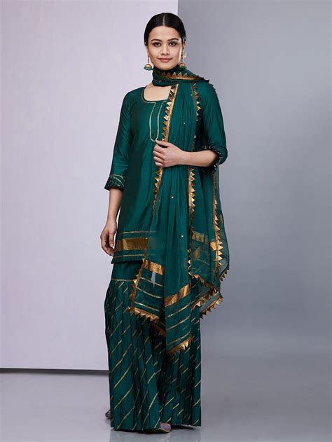 Buy Emerald Green Silk Sharara Suit Set Of 3 Online At Theloom Silk