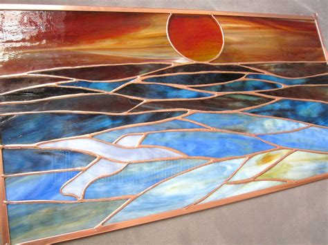 Ocean Sunset Stained Glass Panel Blue Sunrise Custom Stain Etsy