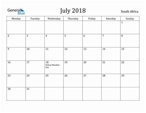 July 2018 South Africa Monthly Calendar With Holidays