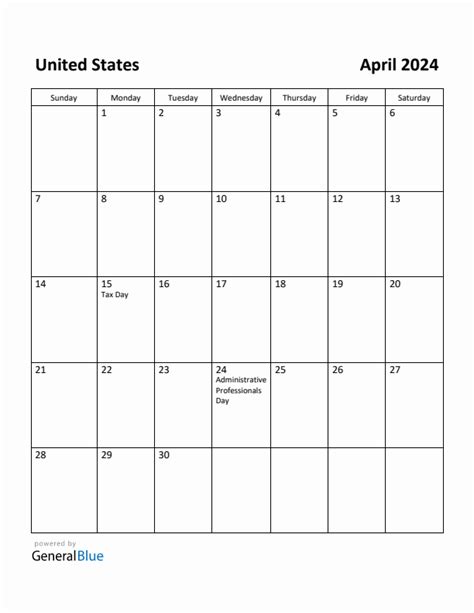 April 2024 Monthly Calendar With United States Holidays