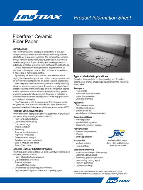 Fillable Online Product Information Sheet Fiberfrax Ceramic Fiber Paper