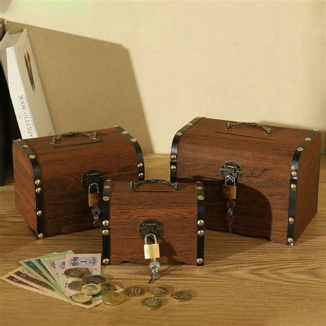 Vinv Wooden Piggy Bank Safe Money Box Savings With Lock Wood Carving