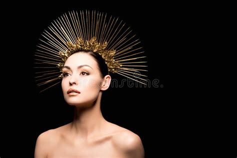 Glamorous Naked Model Posing In Golden Headpiece Stock Image Image Of