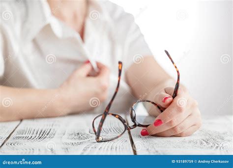 Woman Taking Off Her Glasses Stock Image Image Of Custom Face 93189759