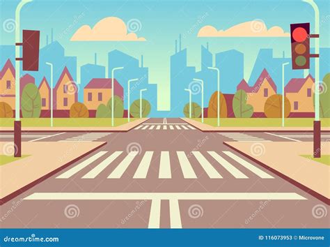 Cartoon City Crossroads With Traffic Lights Sidewalk Crosswalk And