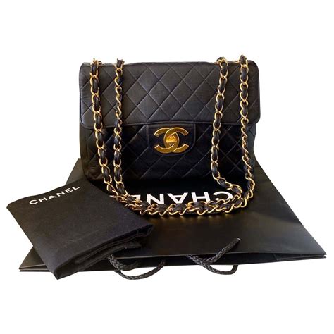 100 Authentic Chanel Vintage Black Lambskin Jumbo Classic Flap Bag