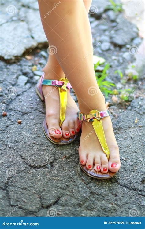 Feet Wearing Summer Sandals Stock Image Image Of Outdoors Retro