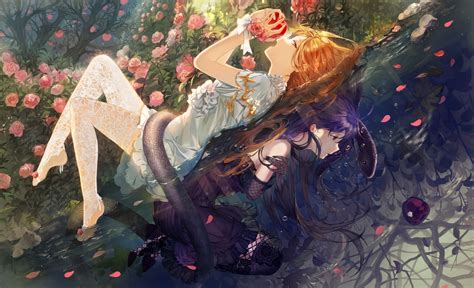 Anime Girls Anime Legs Reflection Upside Down Apples Purple Hair Fantasy Girl Red Eyes