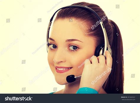 Beautiful Smiling Call Center Woman Headset Stock Photo 357429161