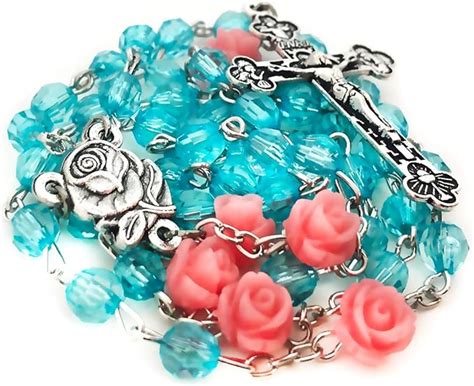 Lourdes Turquoise Crystal Cut Pink Rose Rosary Beads