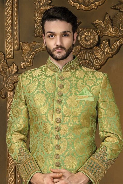 Buy Pistachio Green And Gold Khinkwab Comely Bandh Gala Sherwani With
