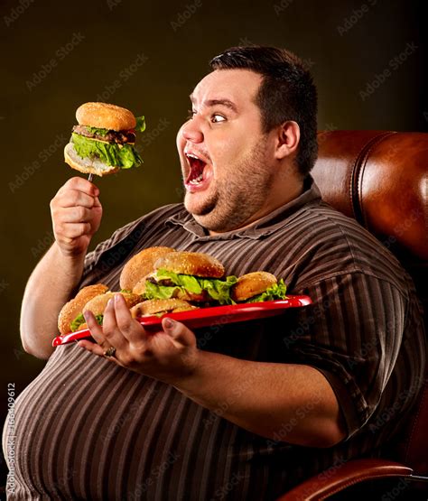 Diet Failure Of Fat Man Eating Fast Food Hamberger Happy Smile