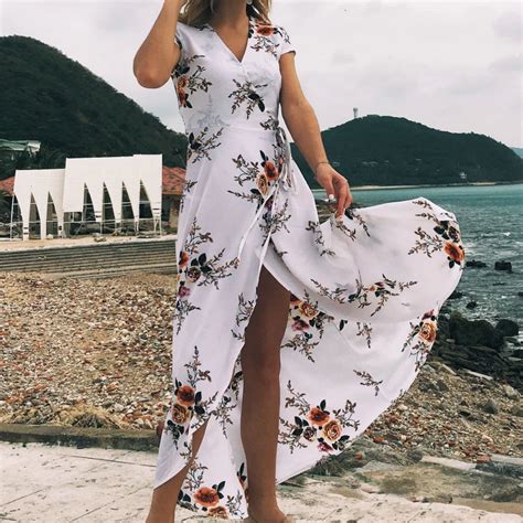 2018 Women Elegant Dress Floral Printed Chiffon Sexy Beach Wear Vacation Lady Dresses V Neck In