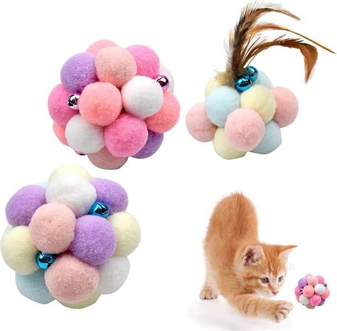 Fodlon Colorful Cat Balls 3pcs Plush Bouncy Ball With Feather And