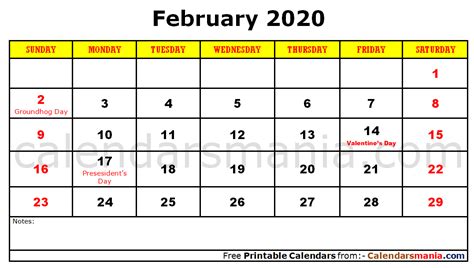 February 2020 Calendar Holidays Holiday Calendar Calendar Heart