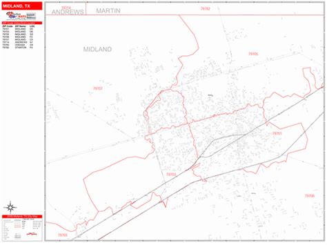 Midland Texas Zip Code Wall Map Red Line Style By Marketmaps Mapsales