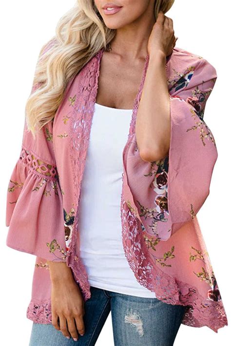 Iyasson Floral Printing Flutter Sleeves With Lace Trim Cardigan