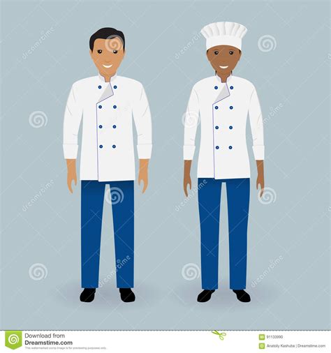 Couple Of Male And Female Chefs Standing In Uniform Cooking Food