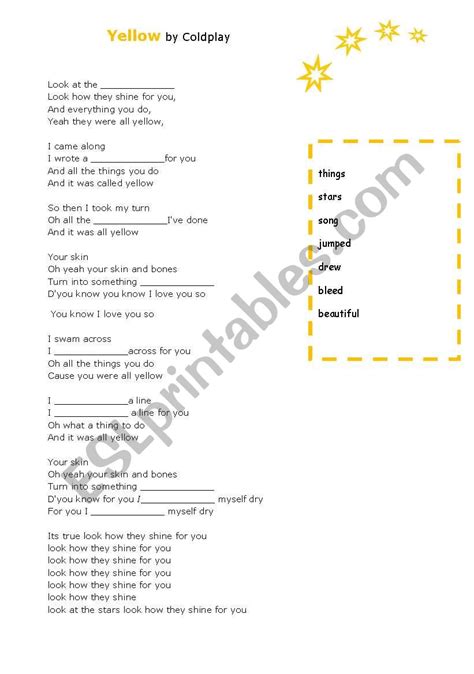 Song Yellow By Coldplay Esl Worksheet By Sandramaisa