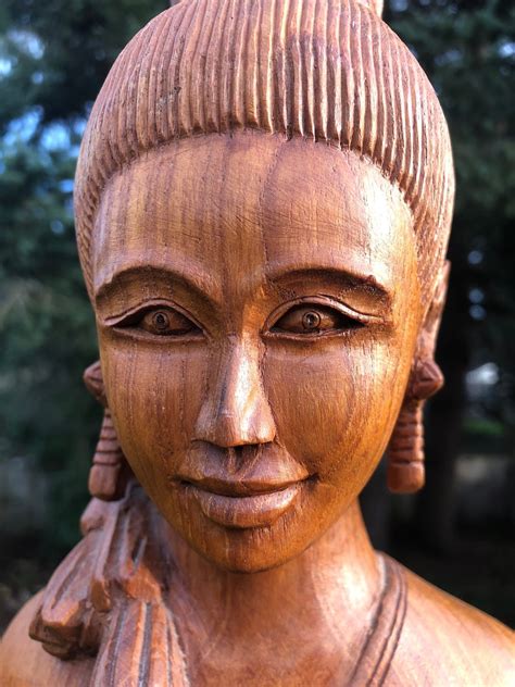 Wood Carving Thai Sawasdee Lady Welcome Woman Thailand Figurine Hand Carved Wood 30 Tall Etsy