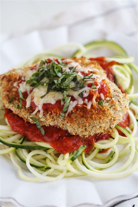 Dip chicken in egg, then crumb mixture; Baked Chicken Parmesan with Zucchini Noodles - Eat ...