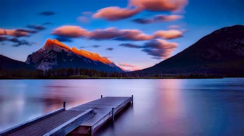 Desktop Wallpaper Banff National Park Lake Dock Sunset Mountains