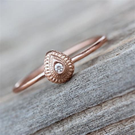 Delicate Drop Shaped Bindi Diamond Ring 14k Rose Gold Symbolic Bridal