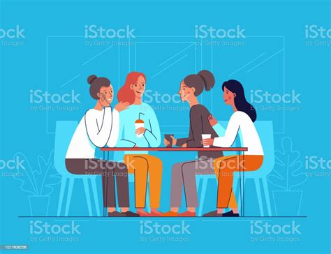Vector Illustration In Flat Linear Style Female Friends Drinking Coffee