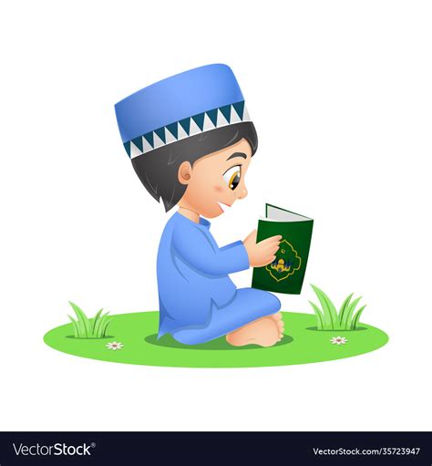 Happy Muslim Boy Reading Quran Book Royalty Free Vector
