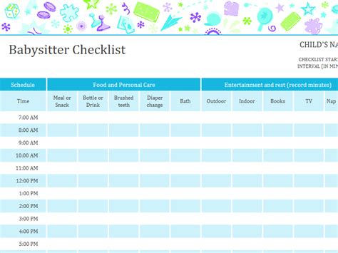 babysitter checklist  schedule printable medical