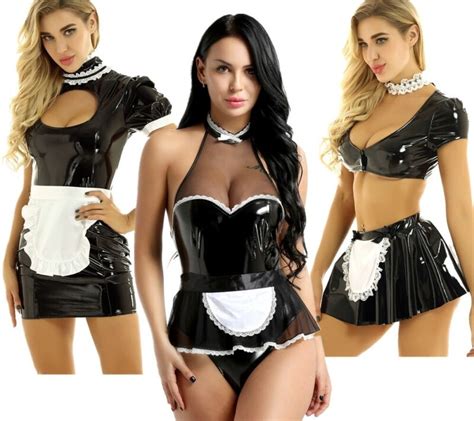 Sexy Women French Maid Costume Wet Look Leather Cosplay Fancy Dress Apron Outfit Ebay