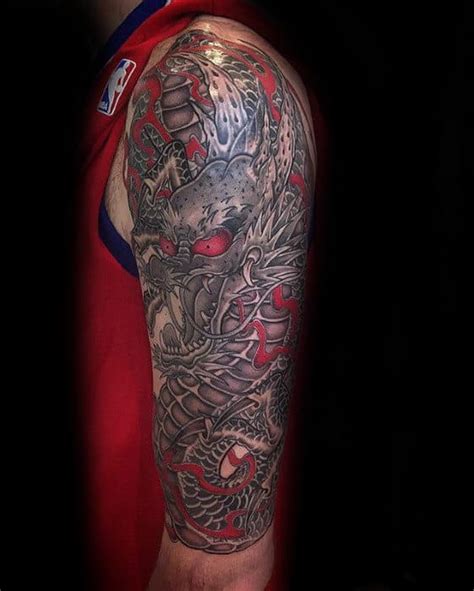 Colored dragon samurai tattoo on full body. 30 Dragon Half Sleeve Tattoos For Men - Fire-Spewing ...