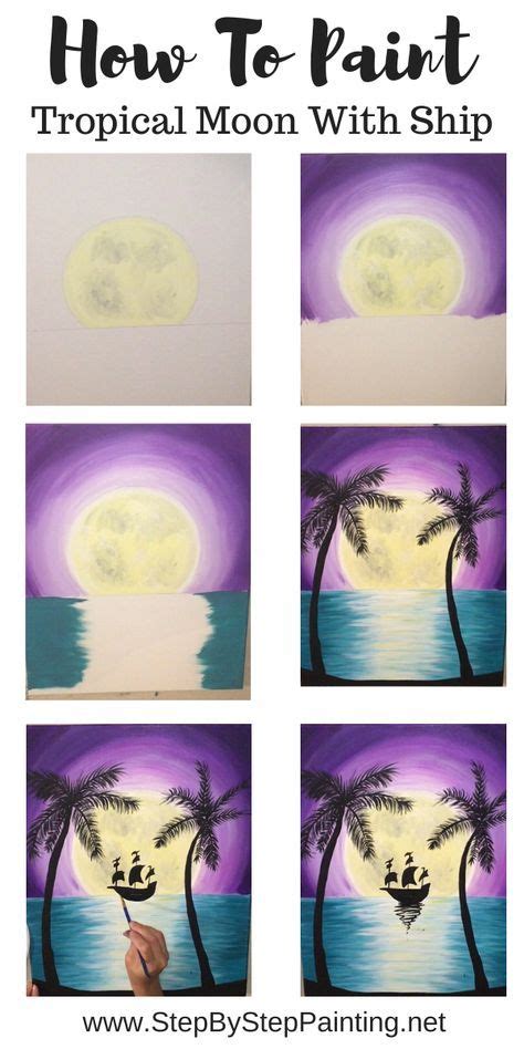 How To Paint Tropical Moon Rise With Ship Creative Painting Simple