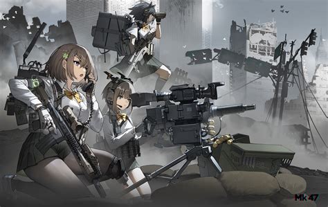 Safebooru 3girls Aiming Ammunition Belt Ammunition Box Assault Rifle Binoculars Bird Character