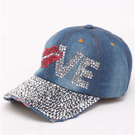 New Women Denim Baseball Hats Caps 2016 Summer Brand Designer Ladies Mouth Love Rhinestone Denim