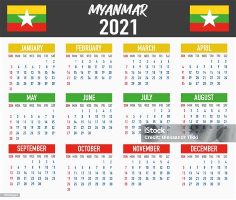 Myanmar Calendar With National Country Flag Month Day And Week Colorful