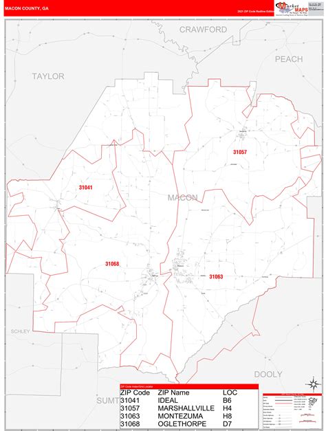 Macon County Ga Zip Code Wall Map Red Line Style By Marketmaps