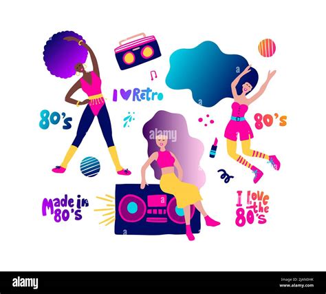 80s Party People Cartoon Gradient Character Set And Lettering