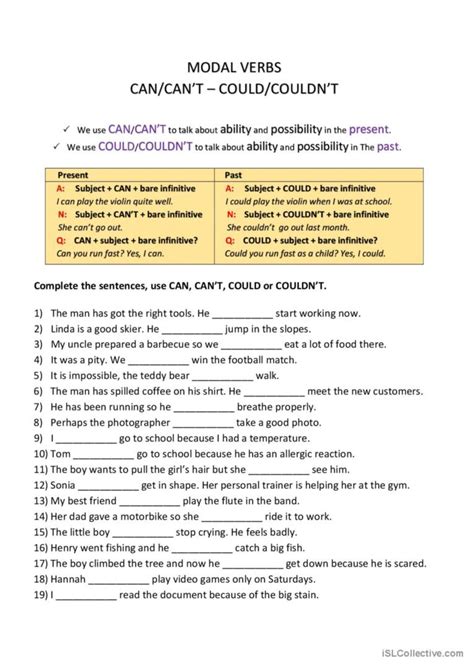 Modal Verbs Can Cant Could An English Esl Worksheets Pdf And Doc
