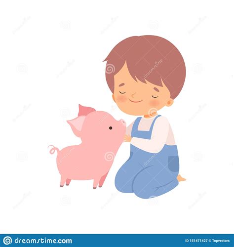 Cute Boy Petting Piglet Kid Interacting With Animal In Contact Zoo